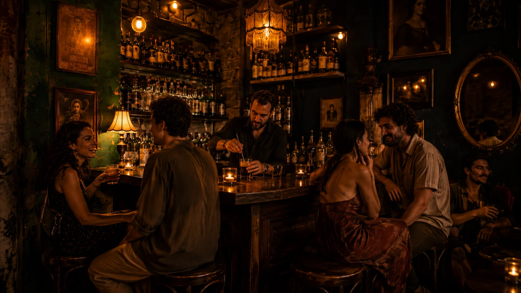 Bartender serving drinks in a warm vintage bar with guests seated around the counter