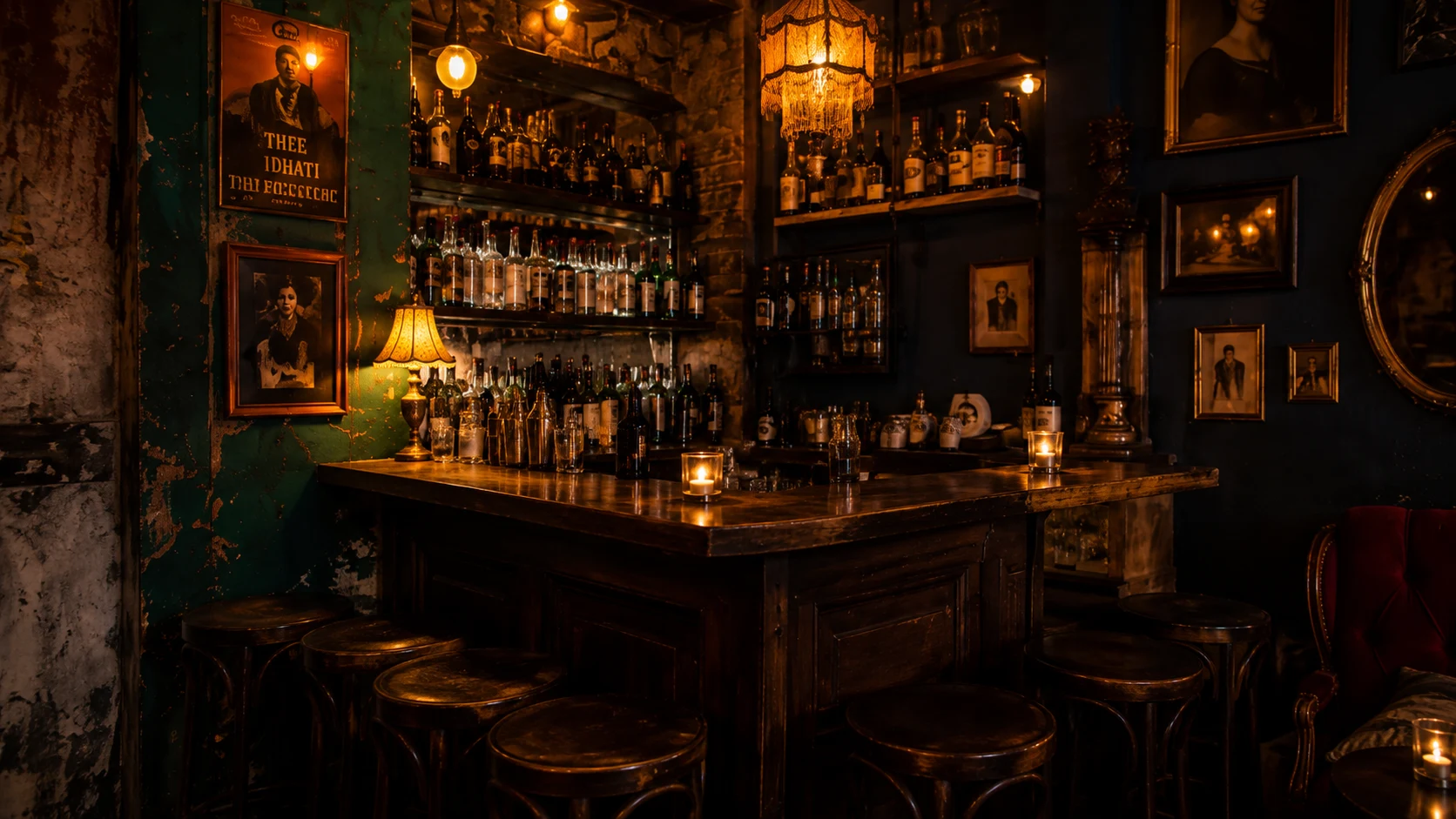 Close view of a vintage bar counter with bottles, candlelight and antique artwork
