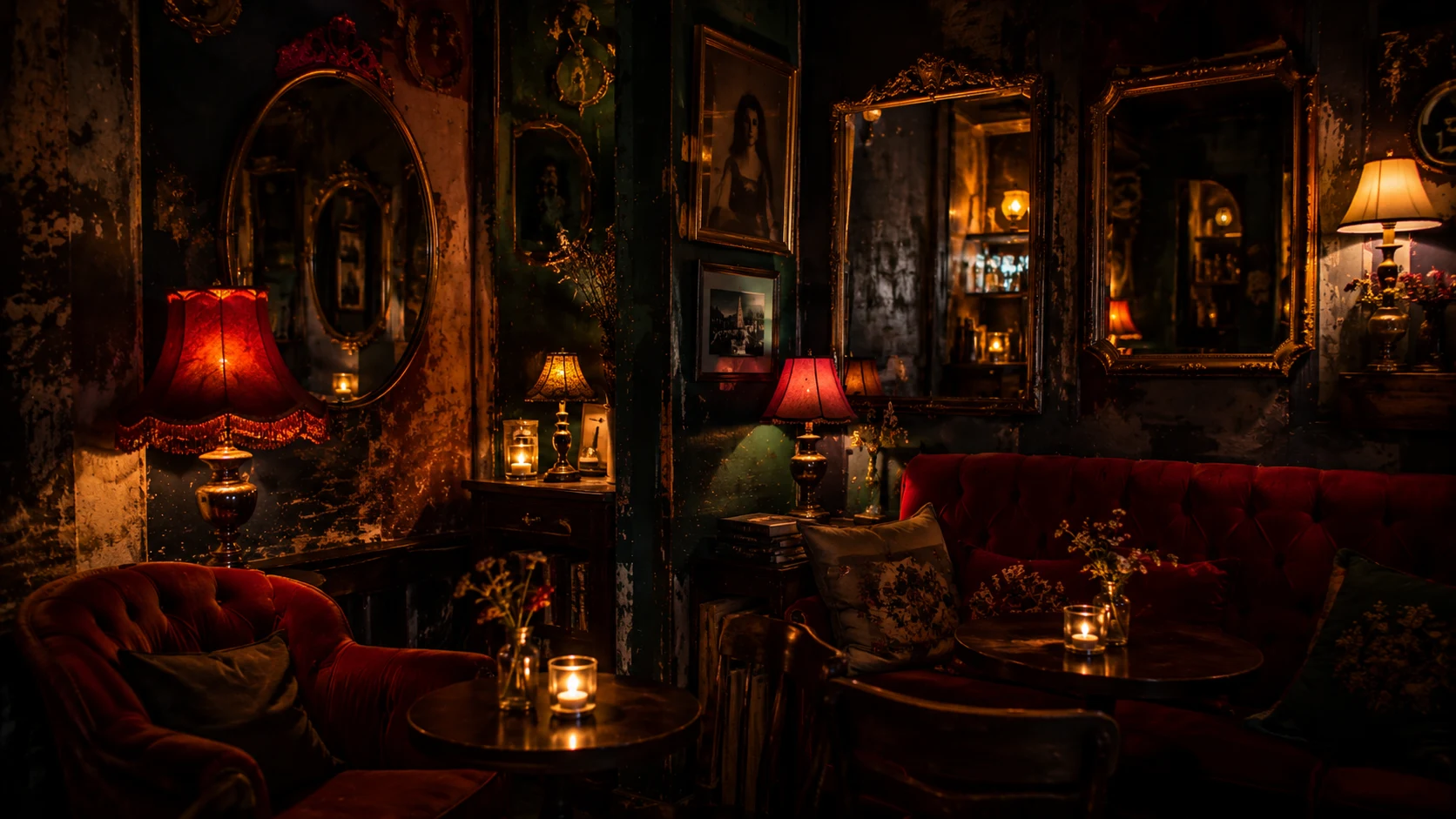 Intimate vintage lounge with red velvet seating, antique mirrors and candlelit tables