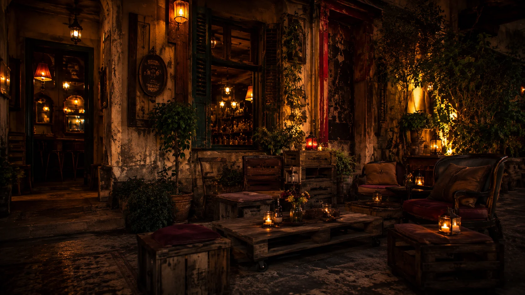 Outdoor vintage bar lounge with crate seating, candlelit tables and rustic decor