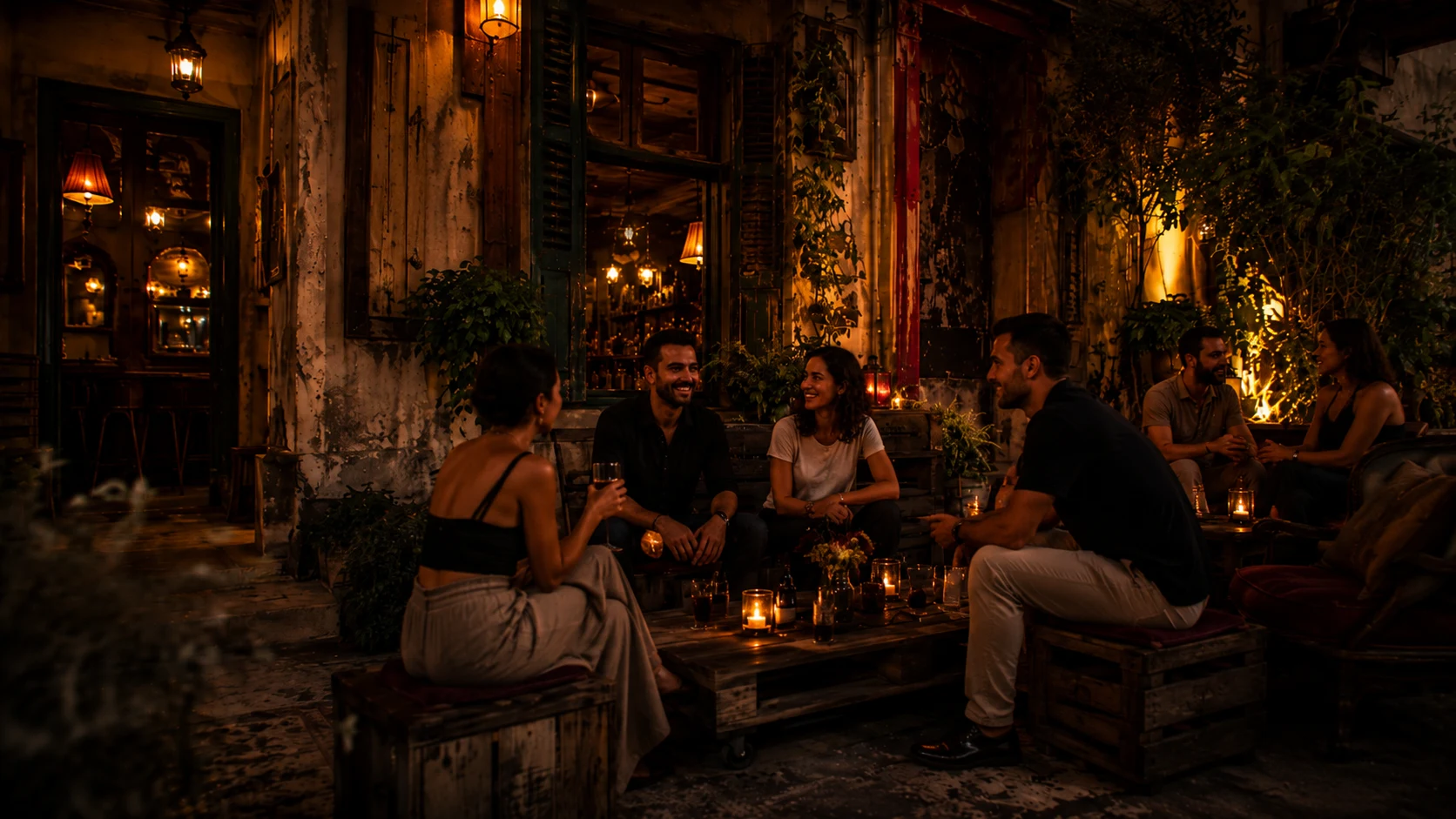 Guests enjoying drinks outside an eclectic candlelit vintage bar