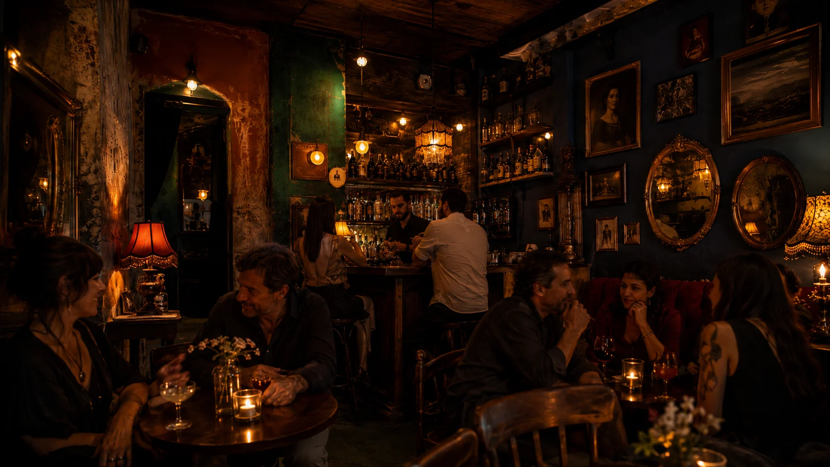 Candlelit vintage bar with guests chatting at tables and the bar